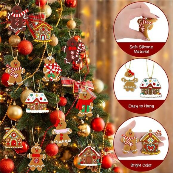 Gingerbread man ornaments set with gingerbread house Christmas tree decorations - Picture 4 of 7